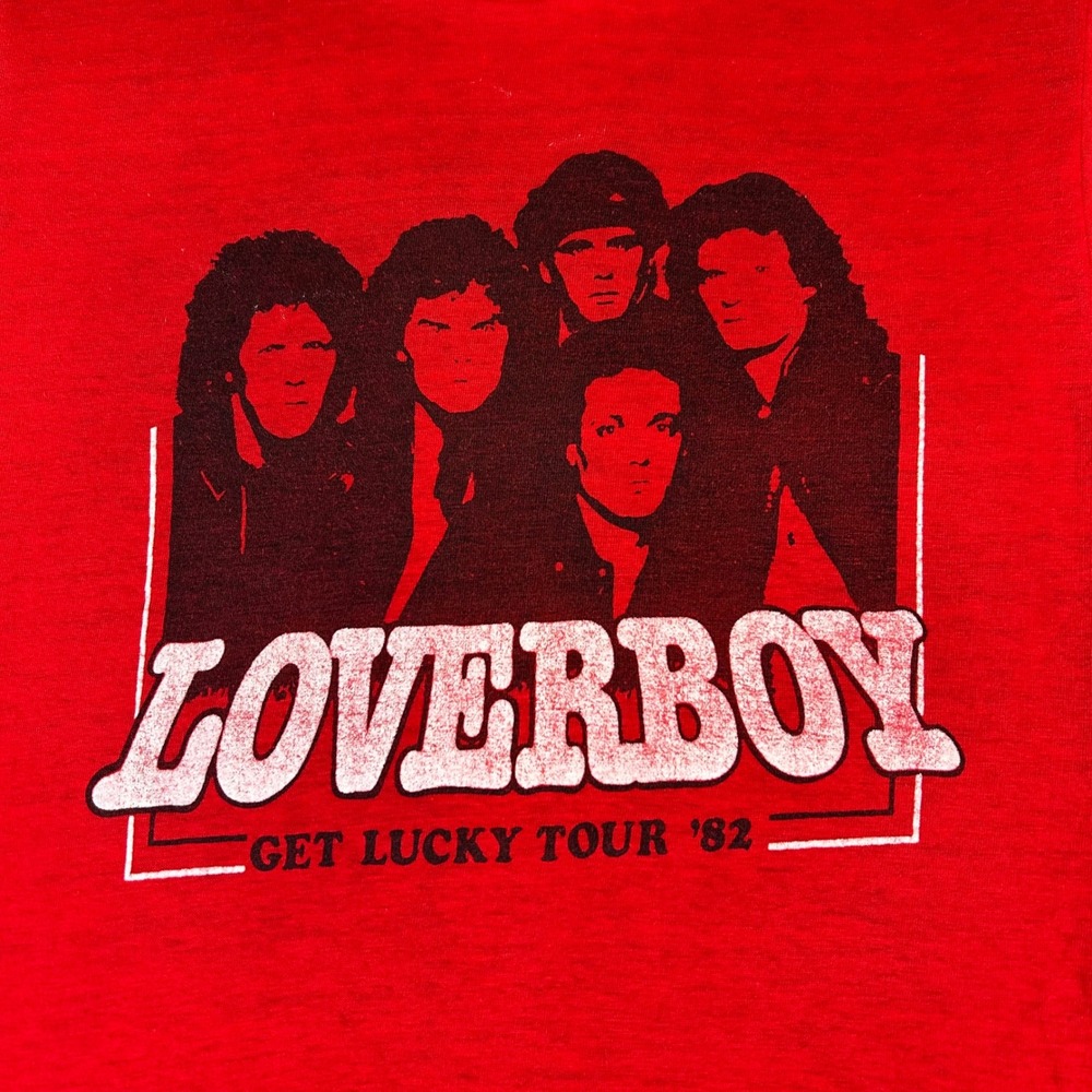 Vintage Hanes Loverboy T-Shirt Mens Small Red 1982 Get Lucky Tour Rock Tee USA - Picture 2 of 10